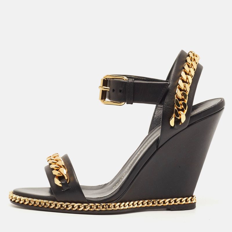Giuseppe Zanotti Size 37 Black Leather Wedge Sandals